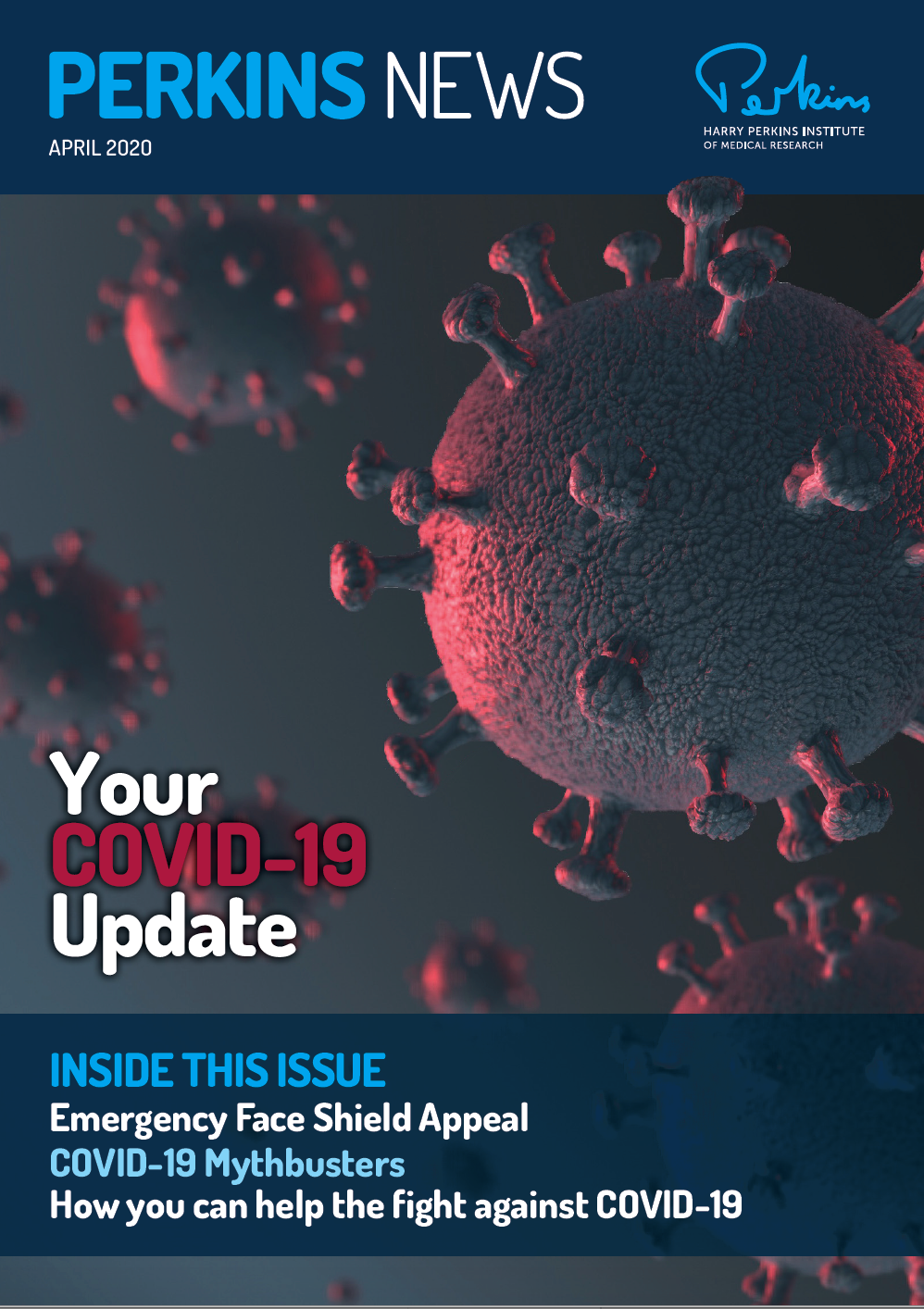 A magazine cover for Perkins news with the title "Your COVID-19 Update" showing COVID-19 molecular structure.