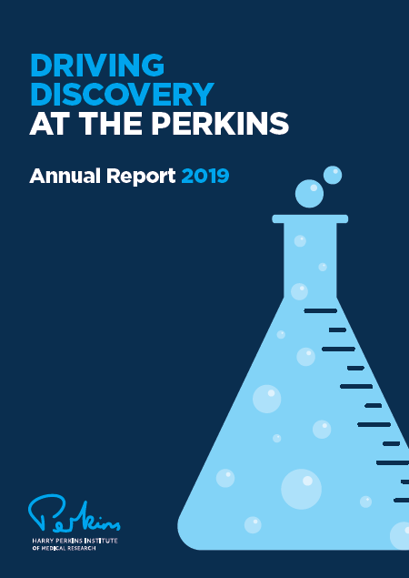 A graphic of a beaker on the Harry Perkin's Annual Report 2019.