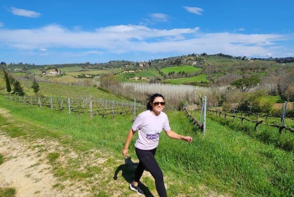 Anita Tancevski-Simpson walking through Tuscany in New Town Toyota Walk for Women's Cancer tshirt