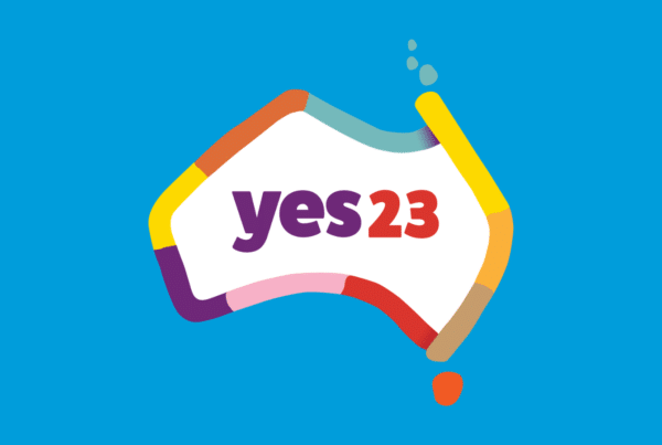 Indigenous Voice to Parliament Yes23 in map of Australia logo on blue background.